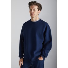 Grimelange Stephan Erkek Yumuşacık Kumaşlı organik Pamuklu Oversize Fit Yuvarlak Yakalı Lacivert Sweatshirt
