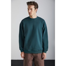 Grimelange Stephan Erkek Yumuşacık Kumaşlı organik Pamuklu Oversize Fit Yuvarlak Yakalı Koyu Yeşil Sweatshirt