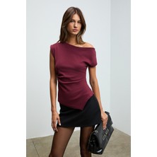 Grimelange REHINGA Kadın Asimetrik Yaka Regular Kısa Kol Bordo Bluz