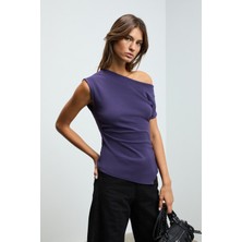 Grimelange REHINGA Kadın Asimetrik Yaka Regular Kısa Kol Mor Bluz