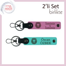 Miawiki Kaplan Motifli Seçkin Anahtarlık Takımı, Erkek Sevgiliye Uygun Deri Hediye, Pembe-Turkuaz