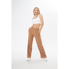 Camel Beli Lastikli Bol Paça Çift Cepli Yüksek Bel Bürümcük Örme Kadın Pantolon