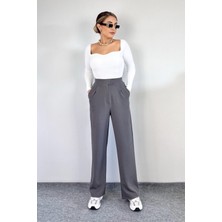 Kadın Likralı Cırt Kapama Gri Geniş Paçalı Rahat Palazzo Pantolon