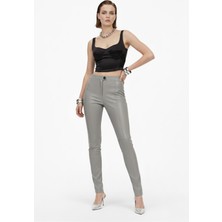 Deriderim Gri Kadın Streç Deri Pantolon
