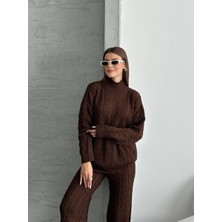Zf Butik Kahve Atkılı Saç Örgülü Triko Pantolon Takım