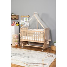 Bamgidoo Mobilya Doğal Ahşap Beşik Anne Yanı Sallanır 70X130 - Nakışlı Uyku Seti +Cibinlik