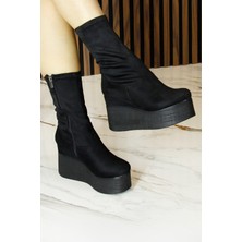 Erkan Saçmacı Yuki Siyah Süet Streç Kürk Astarlı Fermuarlı Yuvarlak Burun Gizli Dolgu Topuklu Bot