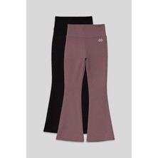 Esnek Performans Ispanyol Paça 2li Paket Siyah-Gül Kurusu Kız Çocuk Tayt - 75193