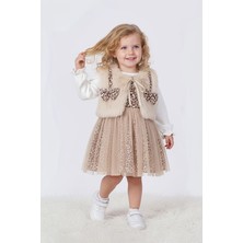 Miniğimin Cicileri Kürklü Fiyonk Detaylı Leopar Tüllü Premium Kız Bebe elbise takım- Bej