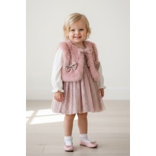 Miniğimin Cicileri Kürklü Fiyonk Detaylı Leopar Tüllü Premium Kız Bebe elbise takım- Pembe