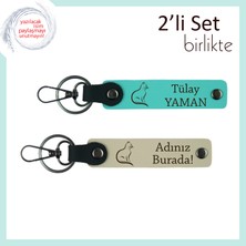 Miawiki Sevgiyle Mırlayanlara, Pati Temalı, Isme Özel Yazılı Deri Anahtarlık, Turkuaz-Sütlü Kahve