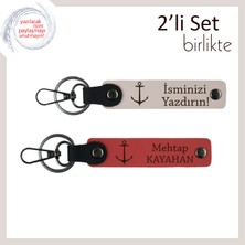 Miawiki Deniz Gezgini Sevgiliye Çapa Temalı Hatıra, Kişiye Özel 2’li Deri Anahtarlık, Pudra-Nar Çiçeği