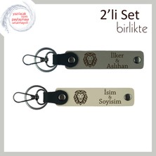 Miawiki Aslan Desenli, Erkek Kardeşe Özel Hediye, 2’li Kişisel Deri Anahtarlık, Kül Gri-Sütlü Kahve