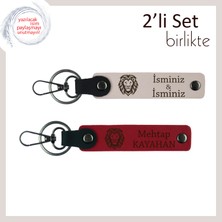 Miawiki Güçlü Karaktere Sahip Babaya Uygun Aslan Motifli 2’li Deri Anahtarlık, Isim Yazılı, Pudra-Kırmızı