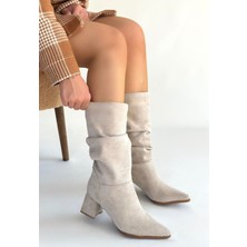 Shemard Titen Bej Süet Körüklü Topuklu Çizme