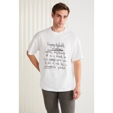 Grimelange MARIONA Erkek %100 Pamuk Önü Baskılı Kısa Kollu Bisiklet Yaka Oversize Beyaz T-Shirt