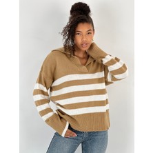 So Sweet Kadın Geniş Yakalı Düşük Omuzlu Camel Çizgili Kazak