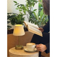 Maison Avf Krem Süet Kadife Kablosuz Pilli Masa Lambası - Alt Uzun Eskitme Gold