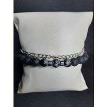 Mryart Siyah Lav Taşı ve Füme Akik Taşlı Zincir Detaylı Ayarlanabilir Şık Bileklik