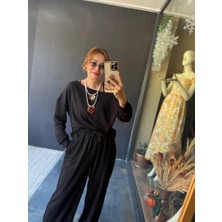 Tua Moda Kadın Uzun Kollu Tek Omuzdan Açık Viskon Iki Iplik Bluz ve Pantolon Ikili Takım