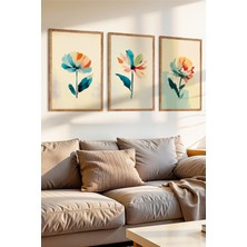 Zevahir Mobilya Dekorasyon 3 Parça Şeffaf Fırçalar ve Hafif Çiçekler Temalı Ahşap Çerçeve Görünümlü Mdf Tablo Seti