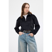 Rays Siyah Kadın Peluş Yarım Fermuarlı Crop Sweatshirt 3056A