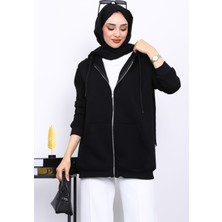 İmaj Butik Siyah Cepli Fermuarlı Üç İplik Şardonlu Hırka