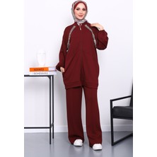 İmaj Butik Bordo Çift Cepli Taş İşlemeli Modal Takım