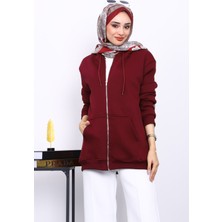 İmaj Butik Mürdüm Cepli Fermuarlı Üç İplik Şardonlu Hırka