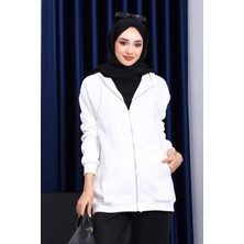 İmaj Butik Ekru Cepli Fermuarlı Üç İplik Şardonlu Hırka