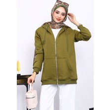 İmaj Butik Yağ Yeşili Cepli Fermuarlı Üç İplik Şardonlu Hırka