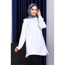 İmaj Butik Ekru Dik Yaka Tül İşlemeli Tunik