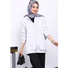 İmaj Butik Gri Cepli Fermuarlı Üç İplik Şardonlu Hırka
