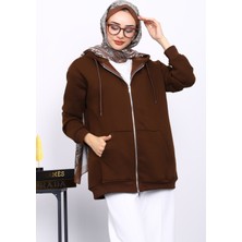 İmaj Butik Kahverengi Cepli Fermuarlı Üç İplik Şardonlu Hırka