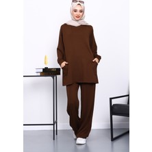 İmaj Butik Kahverengi Yan Cepli Omuz Parçalı Alt Çımalı Modal Takım