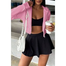 Ghassy Co. Kadın Pamuklu Crop Model Kanguru Cepli Kapüşonlu Crop Spor Sweatshirt