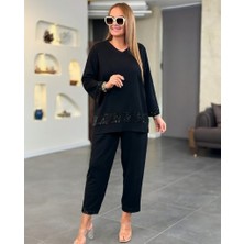 Gökyüzü Moda Kadın Uzun Kollu V Yakalı Pulpayet Viskon Iki Iplik Bluz ve Pantolon Takım