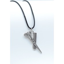 IDR Berber - Makas - Tarak Gümüş Kaplama Deri İp Kolye