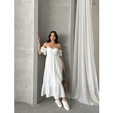 Castivo Fashion Bella Brode Omzu Açık Volan Kol Midi Elbise