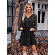 Arben Boutique Kadın Uzun Kollu Yakadan Bağcıklı Belden Kuşaklı Ithal Krep Elbise