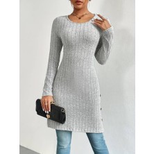 Azel Kadın Uzun Kollu Yuvarlak Yaka Yandan Yırtmaçlı Düğmeli Şardonlu Kaşkorse Bluz