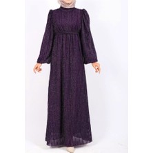 Alpaco Kolu Lastikli Sim Çizgili Kemerli  Elbise -Mor -Collectıon