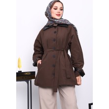 İmaj Butik Kahverengi Deri Detaylı Kuşaklı Trençkot