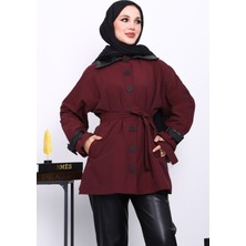 İmaj Butik Mürdüm Deri Detaylı Kuşaklı Trençkot