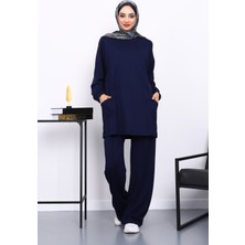 İmaj Butik Lacivert Yan Cepli Omuz Parçalı Alt Çımalı Modal Takım