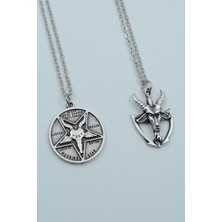 IDR 2'li Lucifer Morning Star Pagan - Keçi Şeytan Gümüş Kaplama Kolye Seti