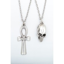 IDR 2'li Ankh Anahtarı - Nil'in Anahtarı - Kuru Kafa Gümüş Kaplama Kolye Seti