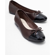 Luvi Jens Kahverengi-Siyah Rugan Hakiki Deri Fiyonklu Kadın Babet Ayakkabı