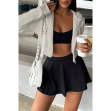 Ghassy Co. Kadın Pamuklu Crop Model Kanguru Cepli Kapüşonlu Crop Spor Sweatshirt