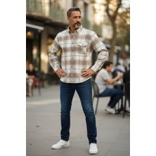 Eren Style Kışlık Pamuklu Bej Uzun Kollu Cepli Erkek Oduncu Gömlek (Slim Fit)